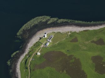 Oblique aerial view centred on the lighthouse with the observation tower adjjacent, taken from the WSW.