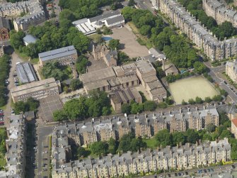 Oblique aerial view centred on the High School with Bruntisfield House adjacent, taken from the ENE