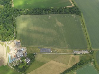 Oblique aerial view of the cropmarks of the settlement and barrows, with the Luffness Mains cottages adjacent, taken from the S.