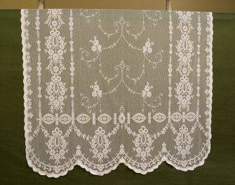 Interior. Main office area, ground floor, sample room, detail of lace. This is a lace curtain, design number 66794, 150cm in width, 12 point.