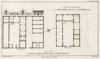 Drawing of Clynelish Distillery, Brora. 
Titled: 'Plan and elevation of a distillery erected at Clynelish 1819'. 'Published by Longman & Co, July 1820'.
From appendix (p 107): 'References ground floor: a. couch, b. steep, c. malt-barn, d. still-pit, e. bothy, f. horse-course, g. brew-house, h. tun-room, i. still-house, k. condensers, l. spirit-cellars, m. spirit-casks, n. shed for casks, o. office, p. court, q. pig-area, r. pig-styes, s. breeding pig-styes, t, v, w. foreman's house; First floor: a. granary, b. kiln, c. dried-corn loft, d. boiler, f. cooler, g. still-house, h. cooper's shop, i. condensers'.
