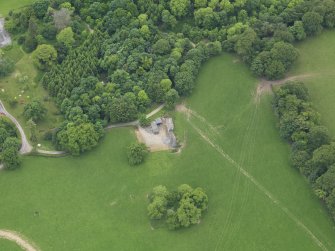 Oblique aerial view of Cumstoun House doocot, taken from the NNE.