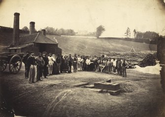 View of the Merricks family and factory workers outside the Roslin Glen Gunpowder Mills.
Annotation on page: 'Roslin Mills Cylinders May 1863'.
