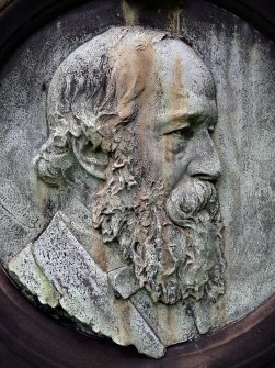 Detail of portrait sculpture on monument in memory of James Cappie M.D. Located at Grange Cemetery.