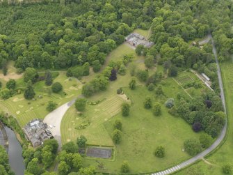 General oblique aerial view of Sorn Castle and policies, taken from the E.