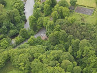 Oblique aerial view of Cleuch Cottage at Sorn Castle, taken from the NE.