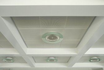 Interior. Detail of ceiling finish and light fixtures in lower ground floor.