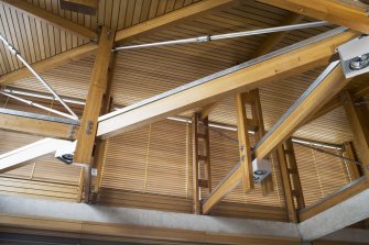 Interior. Detail of roof structure in SE Corner office on 2nd floor.