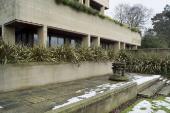 Detail of S garden terrace, with salvaged bird bath