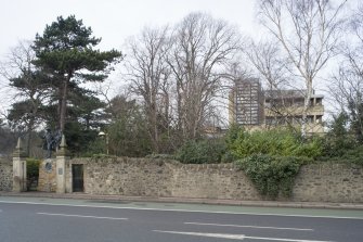 Statue of Alan Breck & David Balfour on Corstorphine Road, with United Distillers Building beyond, taken from WSW.
