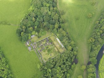 Oblique aerial view of Caprington Castle walled garden, taken from the SE.