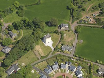 Oblique aerial view of Law Castle, taken from the SSW.