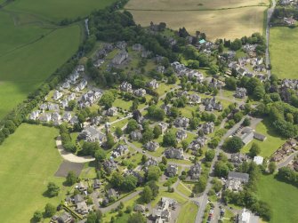 General oblique aerial view of Quarriers Village and Mount Zion Church, taken from the WNW.