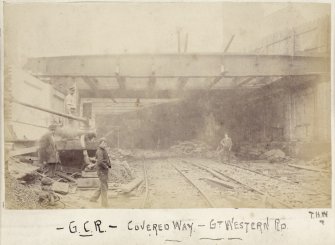 Great Western Road, Glasgow, view of covered way under construction.
Titled: 'THW GCR - Covered Way - Gt Western Rd'
