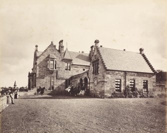 View of Cairns House, Glasgow, horse and trap in front of the porch.    

