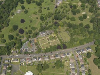 Oblique aerial view centred on the walled garden, taken from the S.