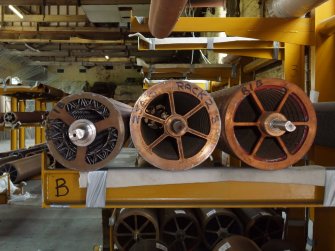 Interior. Building 20, original No.3 Paper Machine House. Dandy rolls in storage.