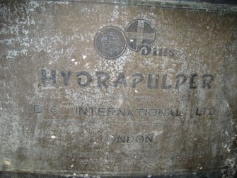 Interior. Building 1, Wood Pulp Storage Shed: Hydrapulper. View of maker's plate for Hydrapulper