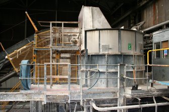 Interior. Building 1, Wood Pulp Storage Sheds. View showing top of conveyor and no.1 Pulper.