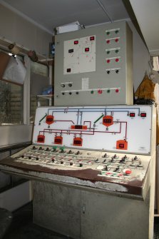 Interior. Building 1, main panel in Control Room in Wood Pulp Storage Sheds.