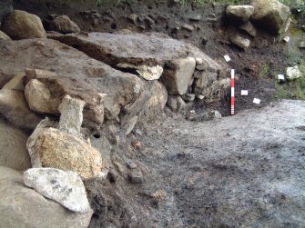 Trench 15 from the SE showing partially uncovered revetment wall F15.14, with abutting clay surface C15.34 (scale = 0.5m)