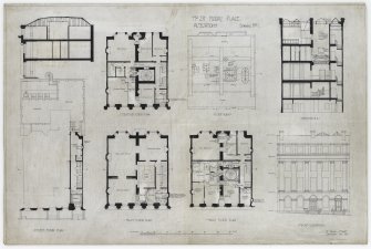 Alterations. Drawing No 1. 
Drawing showing front elevation, section AA, street floor plan, first, second and third floor plans and roof plan.