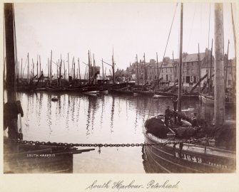 View of fishing boats in South Harbour, Peterhead.
