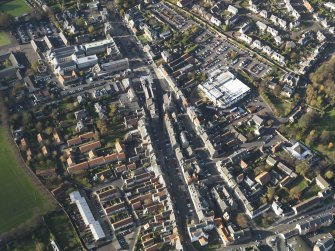 Oblique aerial view centred on the central area of the town, taken from the ESE.