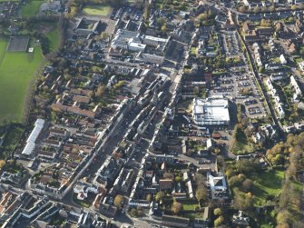 Oblique aerial view centred on the central area of the town, taken from the ENE.