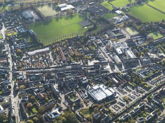 Oblique aerial view centred on the central area of the town, taken from the NNE.