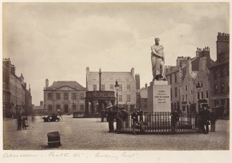 View from West centred on the statue to the Fifth Duke of Gordon, Castle Street, Aberdeen.
Titled: 'Aberdeen - Castle St - looking East'.
