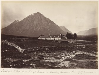 View of Kings House Hotel and the bridge over river Etive. 
Titled: 'Buchall Etive and Kings House - looking towards Pass of Glencoe'.
