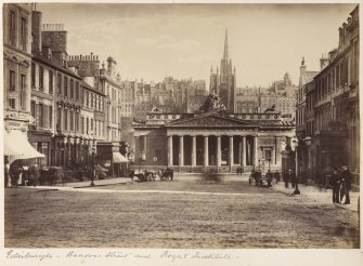 View of Hanover Street, Edinburgh and the Royal Institution, now the Royal Scottish Academy. 
Titled: 'Edinburgh - Hanover Street and Royal Institute'
