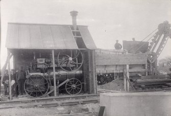 View of machinery during the construction of Granton Gas Works. 
Titled: 'Portable Engine, Stone Crusher and Concrete Mixer. 11th April 1900'. 
