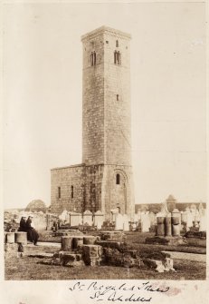 View of St Rule's tower and surrounding church yard from SW. 
Titled: 'St Regulus Tower, St Andrews'
