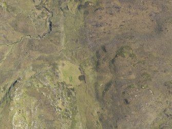 Oblique aerial view centred on the hut circle, fold and enclosure, taken from the N.