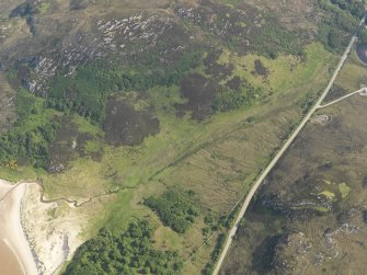 Oblique aerial view centred on the remains of the farmstead and enclosure at Fisherfield, taken from the WSW.