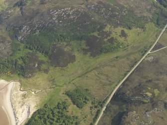 Oblique aerial view centred on the remains of the farmstead and enclosure at Fisherfield, taken from the WSW.