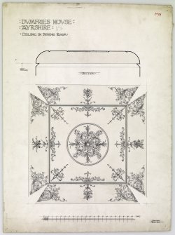Plan and section of plaster ceiling in dining room at Dumfries House.
