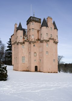 View from the South of Craigievar Castle, Aberdeenshire, in the snow.