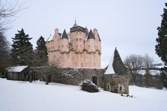 View of Craigievar Castle, in the snow, from the South West.
