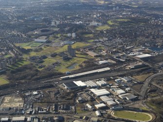 Oblique aerial view of the power motive works looking SW towards Hampden Park stadium, taken from the NE.