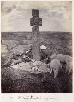 View of cross with couple and sheep.
Titled:  '178.  At Keills, Knapdale, Argyllshire'.
