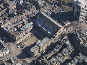 Oblique aerial view centred on the Caird Hall, taken from the WNW.