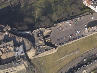 Oblique aerial view centred on the main ditch with the half moon battery adjacent, taken from the SW.