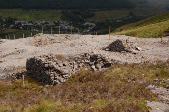 A photograph of the remains of a structure, possibly a workshop, at Tyndrum lead mine.