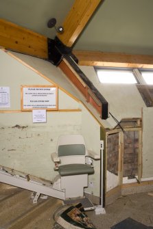 Interior. Ben Lawers Visitors Centre, detail of roof structure and wall junction.