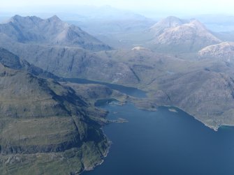 General oblique aerial view looking into the Cuillin Hills over Loch Coruish, with Sgurr nan Gillean to the right, taken from the S.