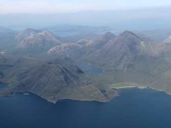 General oblique aerial view looking into the Cuillin Hills over Loch na Creitheach, with Blabheinn to the right, taken from the S.