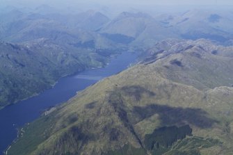 General oblique aerial view looking up Loch Shiel towards Glenfinnan with Sgurr Ghuibhsachain in the foreground, taken from the S.